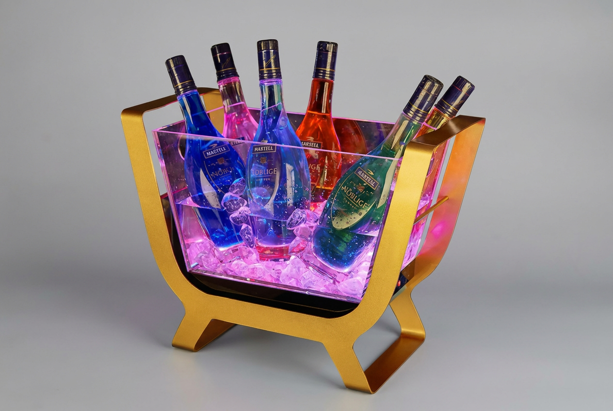 Illuminated champagne bucket on gold stand