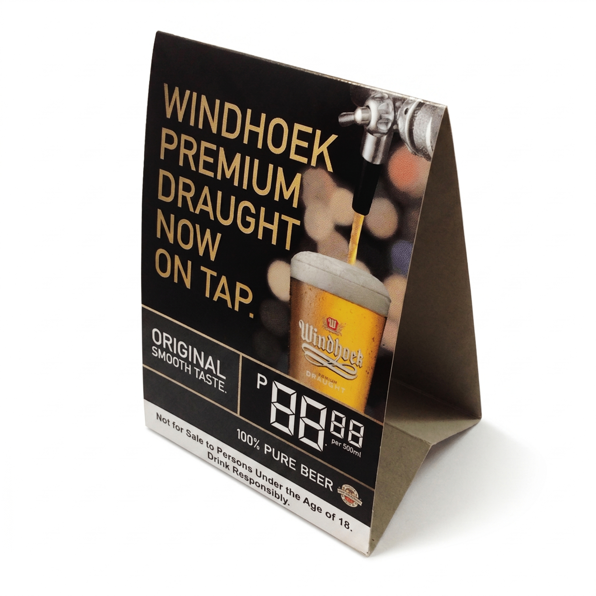 Windhoek Draught tabletop tent card