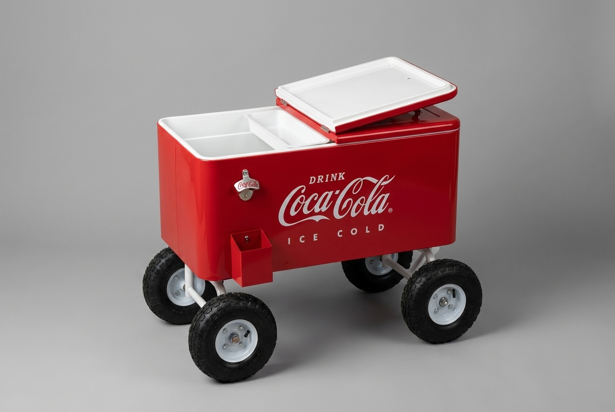 Coca-Cola red wagon cooler with open lid