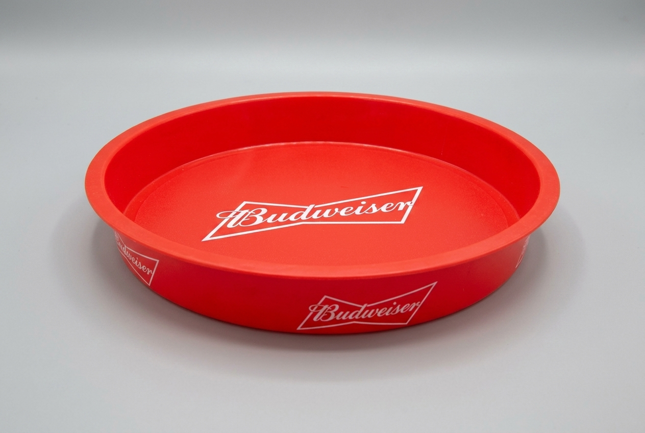 Budweiser red serving tray angled view