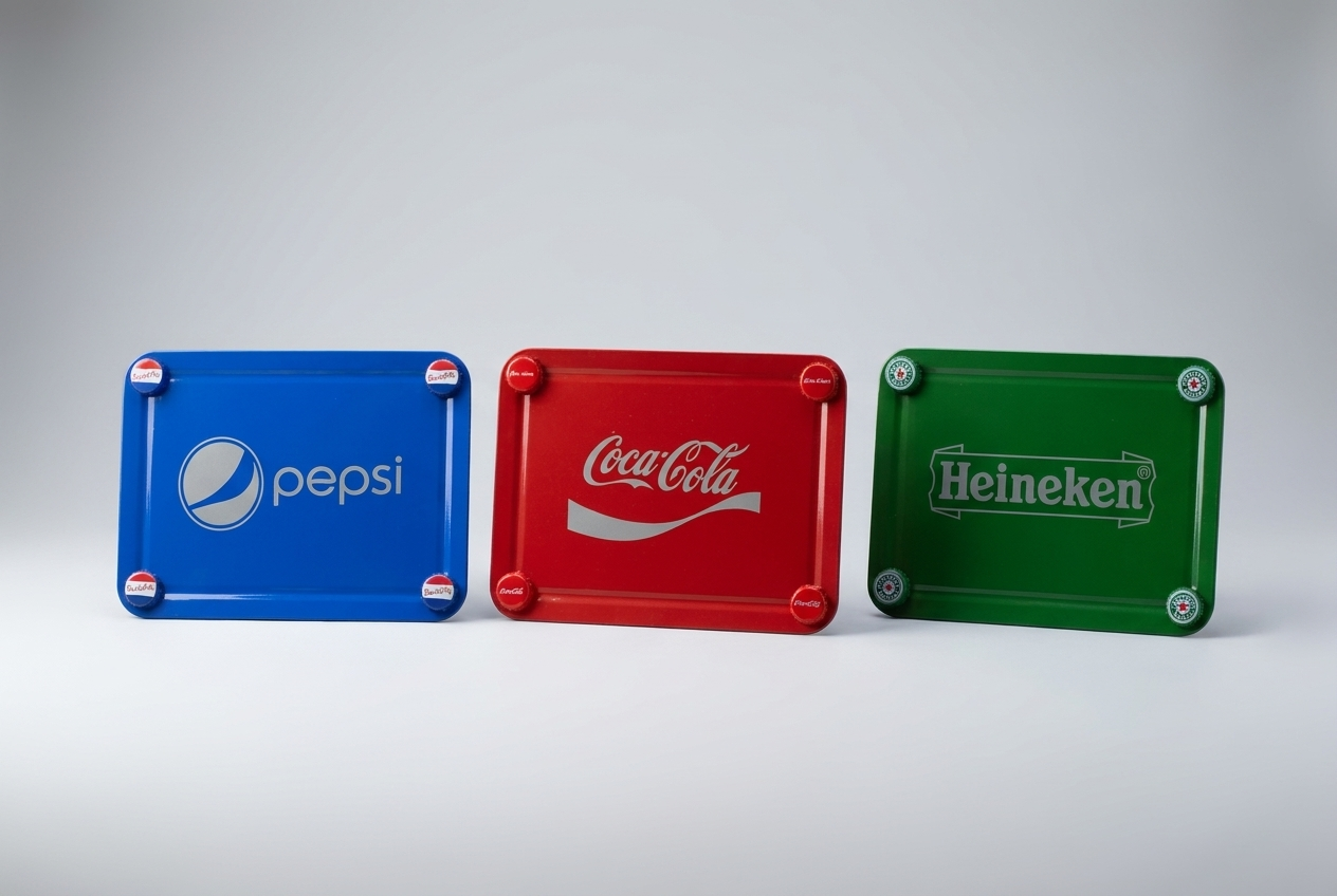 Pepsi, Coca-Cola, and Heineken serving trays set