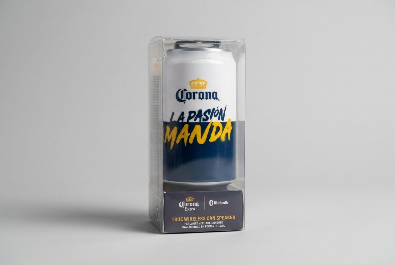 Corona can speaker in retail packaging