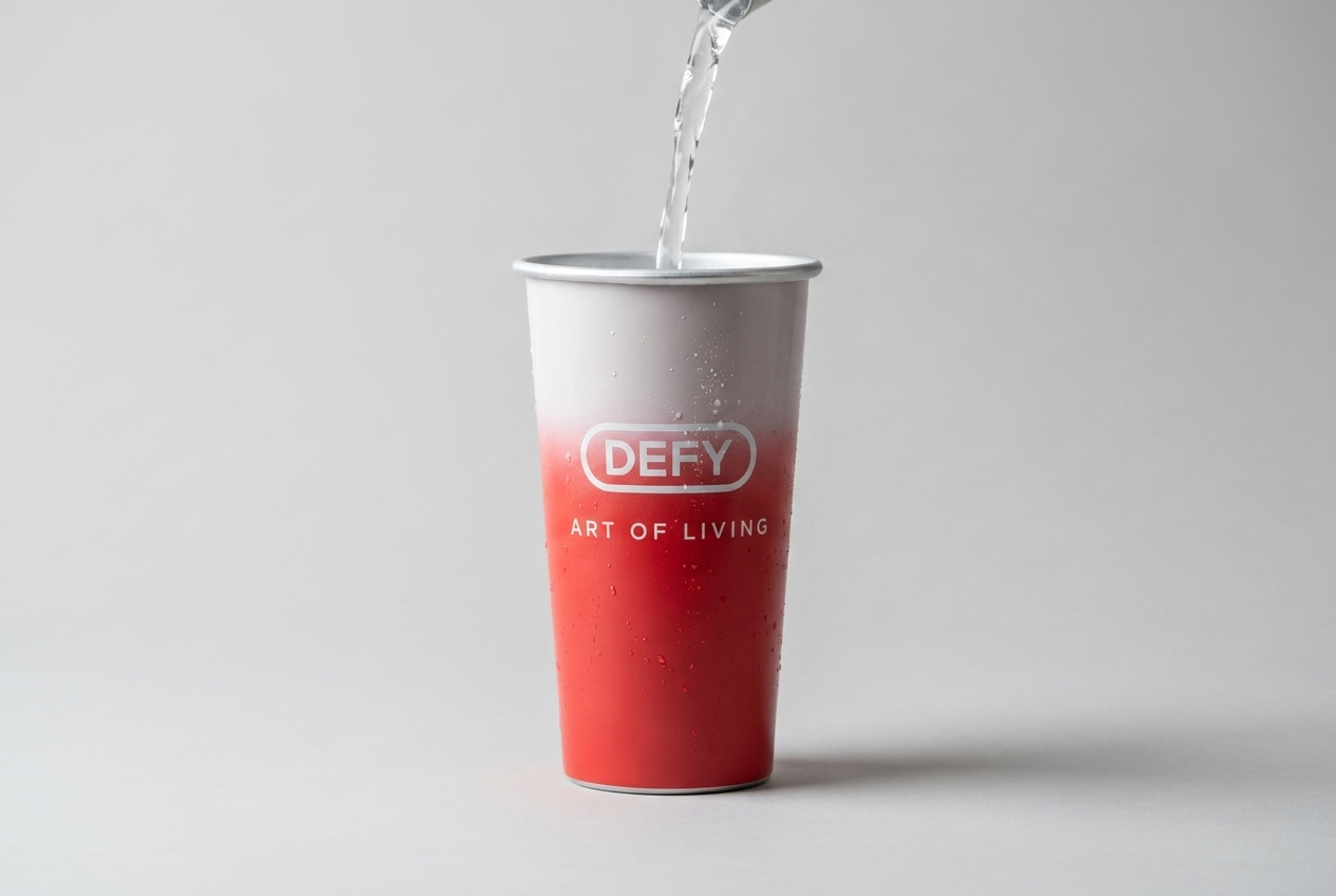 Defy red and white steel cup
