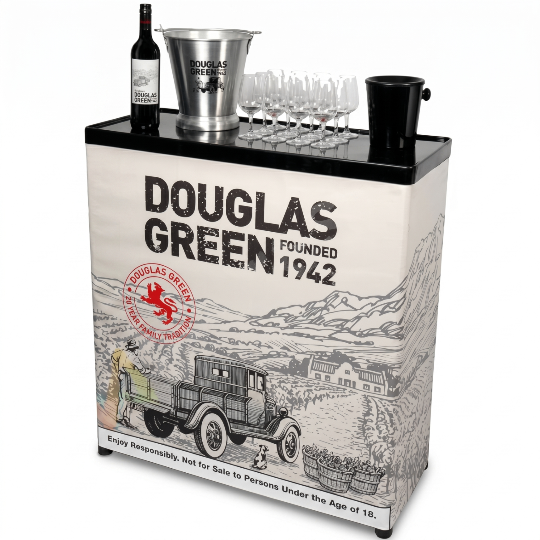 Douglas Green branded mobile bar counter