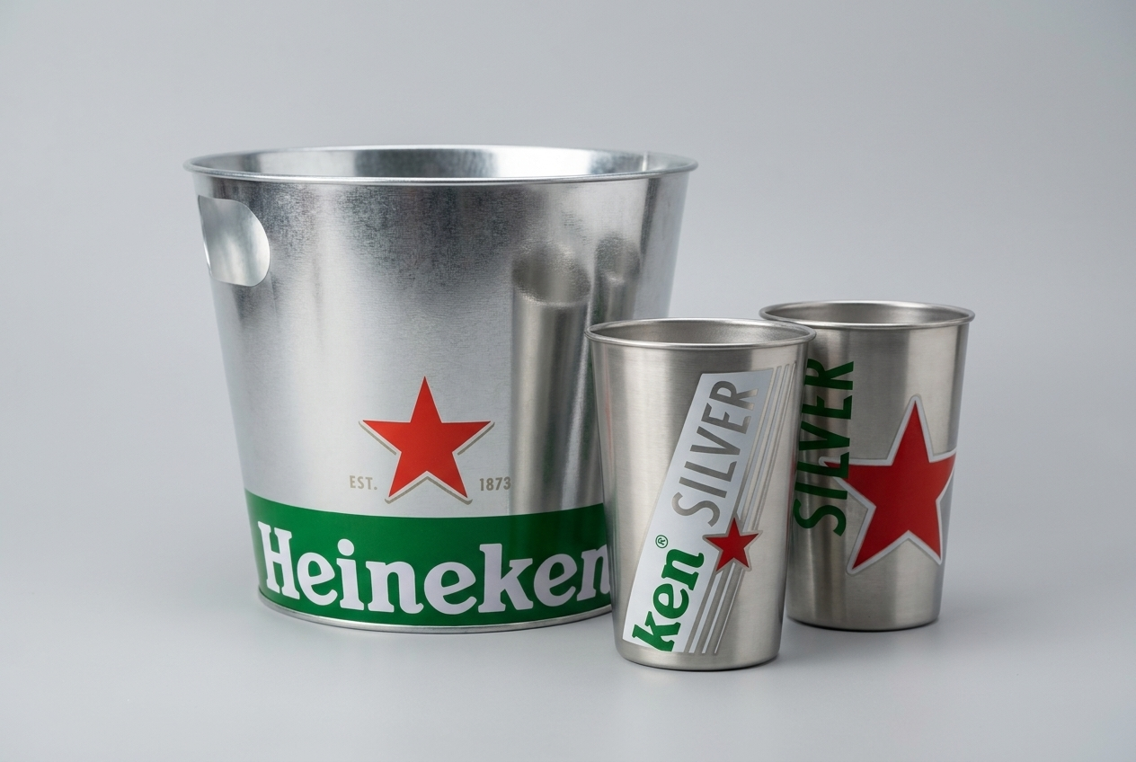 Heineken galvanised bucket and tumblers