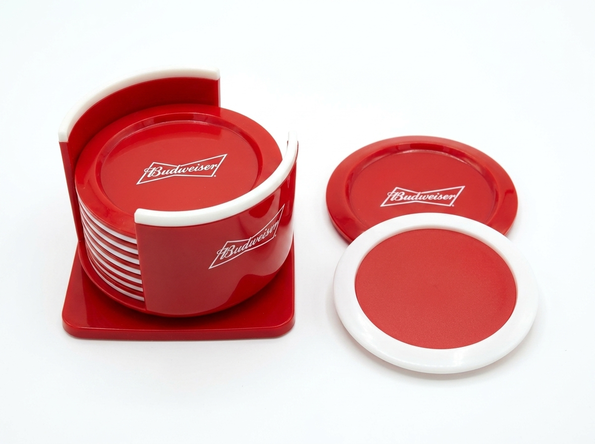 Budweiser coaster set with holder